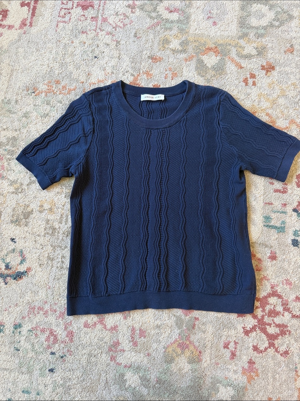 Amour Vert Navy Cable-Knit Short Sleeve Sweater